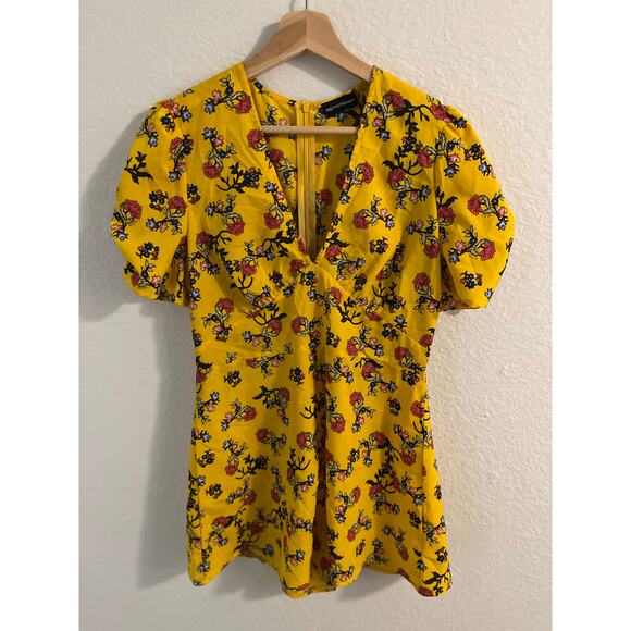 Yellow Floral Playsuit Romper PrettyLittleThing Puff Sleeve Size 8 Cottagecore - Picture 2 of 6